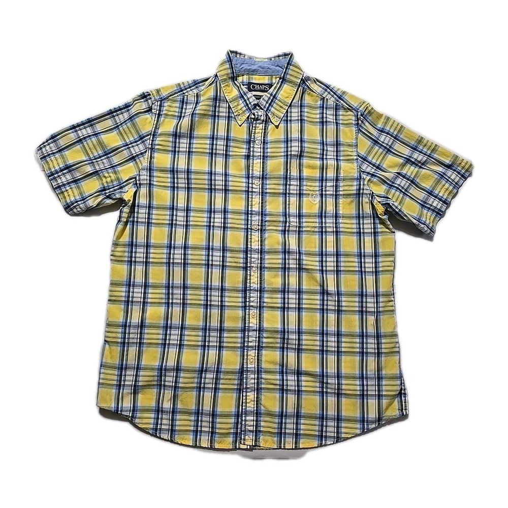 Chaps Ralph Lauren Mens Large Yellow Blue Plaid Button Down Short Sleeve Shirt